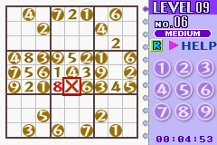 Dr. Sudoku (Game Boy Advance) screenshot: If you entered the wrong number, the game will indicate so and highlight the same number that's already located