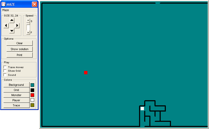 Maze (Windows) screenshot: Playing a large game - do you see the exit at the drawn labyrinth?