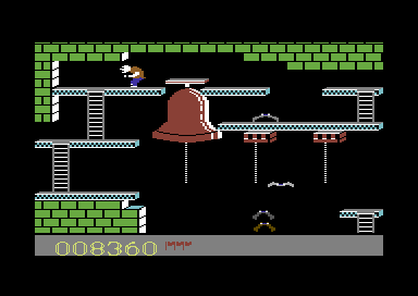 Quasimodo (Commodore 64) screenshot: The more times you go through, the larger the flock of bats following you