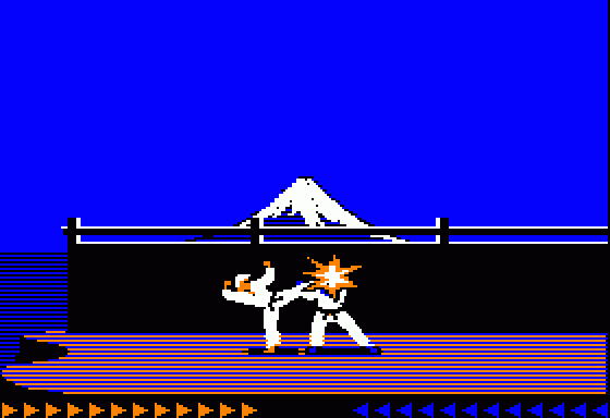 Karateka (Apple II) screenshot: Kick to the head!