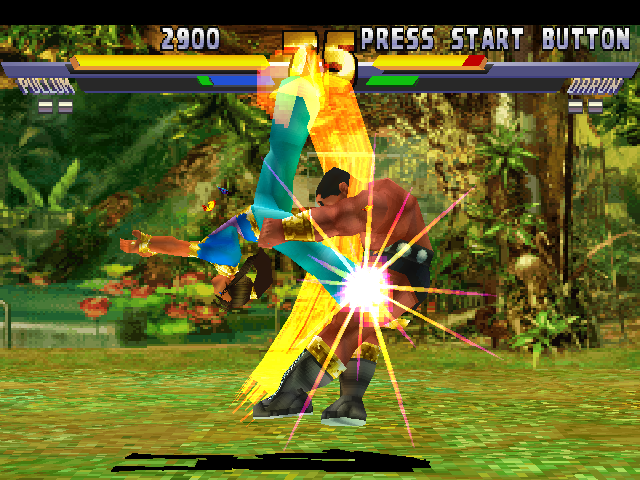 Street Fighter EX2 Plus (PlayStation) screenshot: Darun Mister is stunned by Pullum Purna's anti-air move Prim Kick (now slightly redesigned).