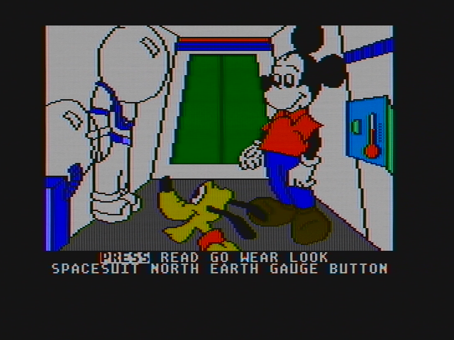 Mickey's Space Adventure (DOS) screenshot: Select actions from the choices provided at the bottom of the screen (CGA with composite monitor)