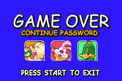 Tiny Toon Adventures: Scary Dreams (Game Boy Advance) screenshot: Game Over: With a password so you can continue later