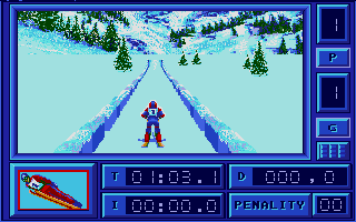 Downhill Challenge (Atari ST) screenshot: On the ski-jump runway
