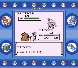 Pokémon Blue Version (Game Boy) screenshot: A captured Pidgey fighting a wild Rattata