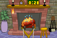 Cartoon Network Block Party (Game Boy Advance) screenshot: Tiny flames pop up all over the place and must be promptly hit with water balloons... I'm afraid kids might get bad ideas from this one.