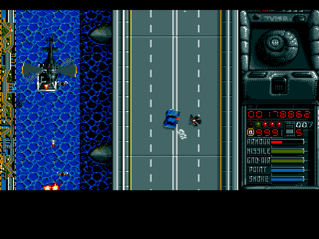 The Spy Who Loved Me (Amiga) screenshot: An attack helicopter? SUBMERGE!