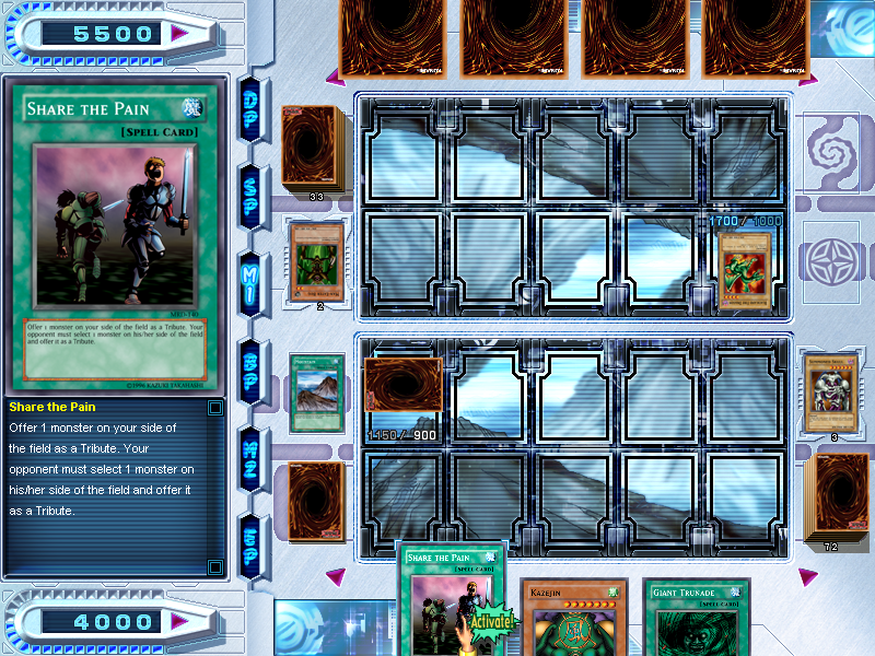 Yu-Gi-Oh!: Power of Chaos - Kaiba the Revenge (Windows) screenshot: During your turn, you can choose to activate your spells that you have. This also shows the Mountain spell in effect which makes most flying monsters gain attack and defense points