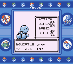 Pokémon Blue Version (Game Boy) screenshot: Squirtle levels up.