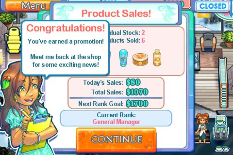 Sally's Spa (iPhone) screenshot: Earning a promotion from your consignment partner after meeting certain goals