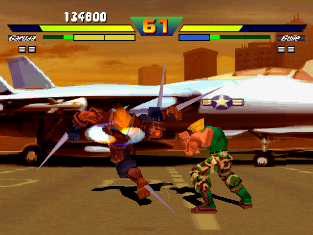 Street Fighter EX Plus α (PlayStation) screenshot: Garuda attacks with his anti-air move Kizan and Guile tries to stop his offensive with a Sonic Boom.