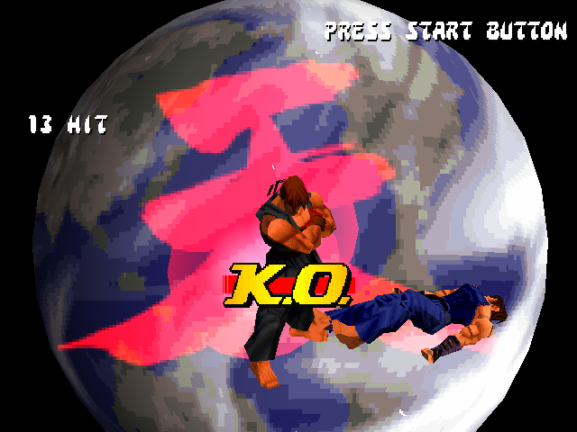 Street Fighter EX Plus α (PlayStation) screenshot: A perfect finish: Evil Ryu uses the 13 hits of his Shun Goku Satsu to defeat Kairi definitively!