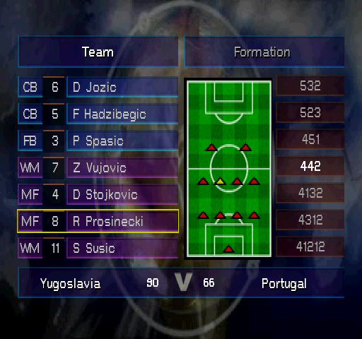 Viva Soccer (PlayStation) screenshot: Yugoslavia Team & Formation