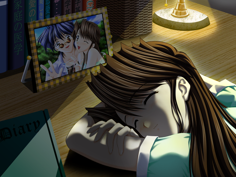 X-Change 2 (Windows) screenshot: Opening cinematic, Asuka asleep at her desk