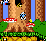 The Smurfs (Game Gear) screenshot: It begins... I'm jumping on mushrooms... I need a psychiatrist
