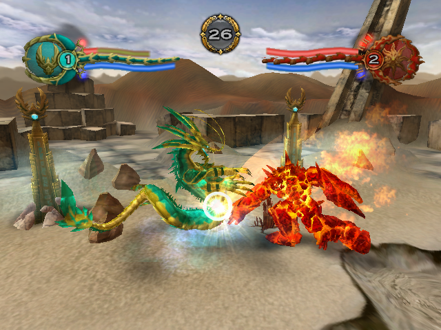 Wrath Unleashed (PlayStation 2) screenshot: (Light Order) Water Dragon vs (Light Chaos) Fire Giant in Desert Arena