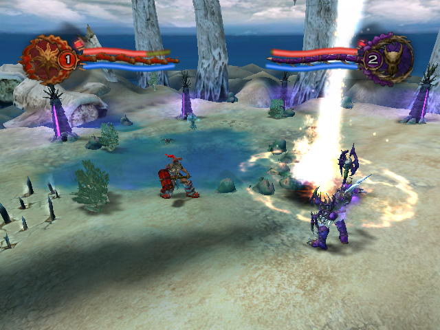 Wrath Unleashed (PlayStation 2) screenshot: (Light Chaos) Fire Giantess vs (Dark Chaos) Wind Spirit Armor in Sea Arena