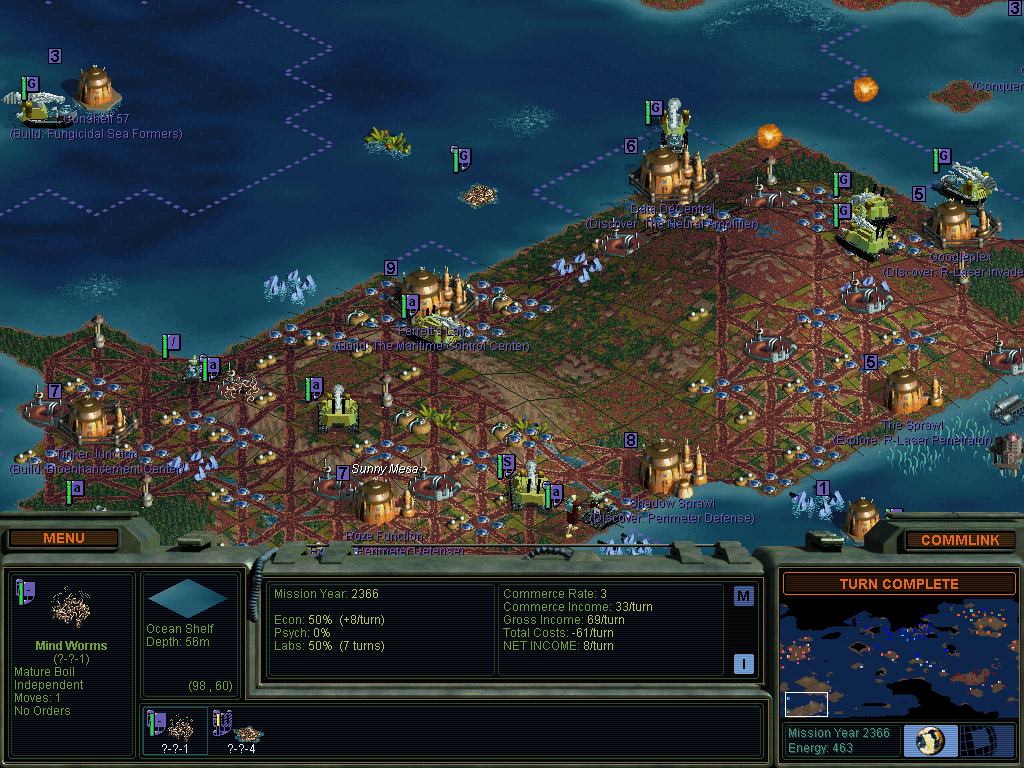 Sid Meier's Alien Crossfire (Windows) screenshot: Building up your empire