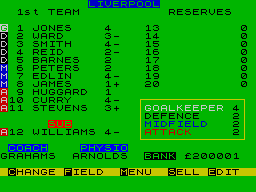 Football Director (ZX Spectrum) screenshot: Squad form and change (+ or -)