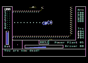 AutoDuel (Atari 8-bit) screenshot: Killed by an enemy car!