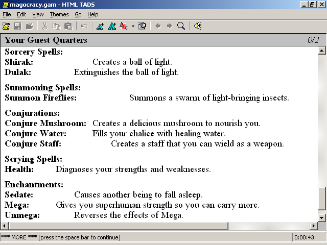 Magocracy (Windows) screenshot: Spellbook contents -- by the end, will be well-worn and dog-eared