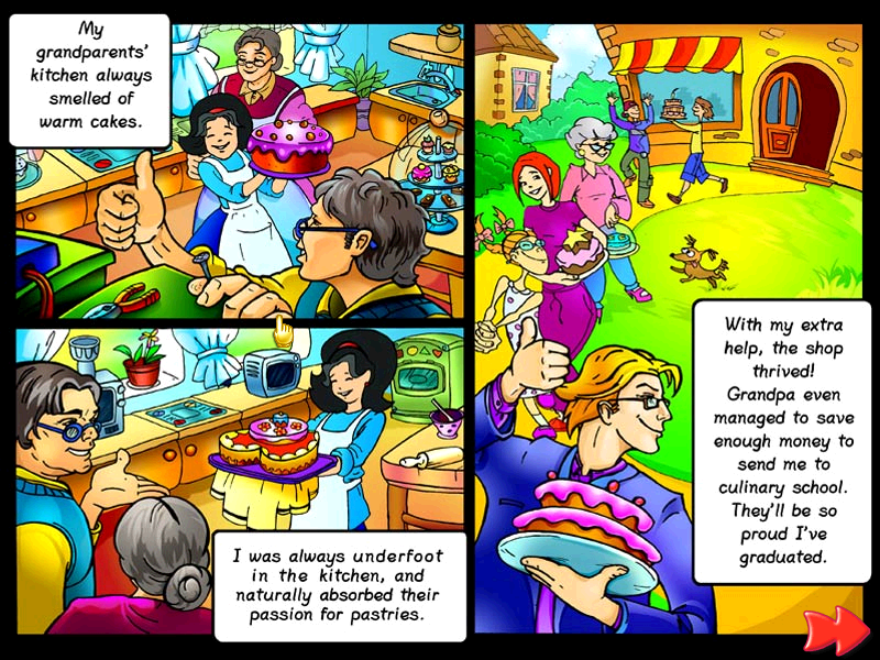 Cake Mania (Windows) screenshot: Intro telling the story of Jill and her grandparent's bakery