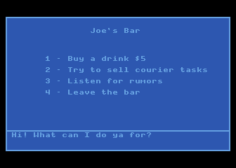 AutoDuel (Atari 8-bit) screenshot: Need anything at Joe's Bar?