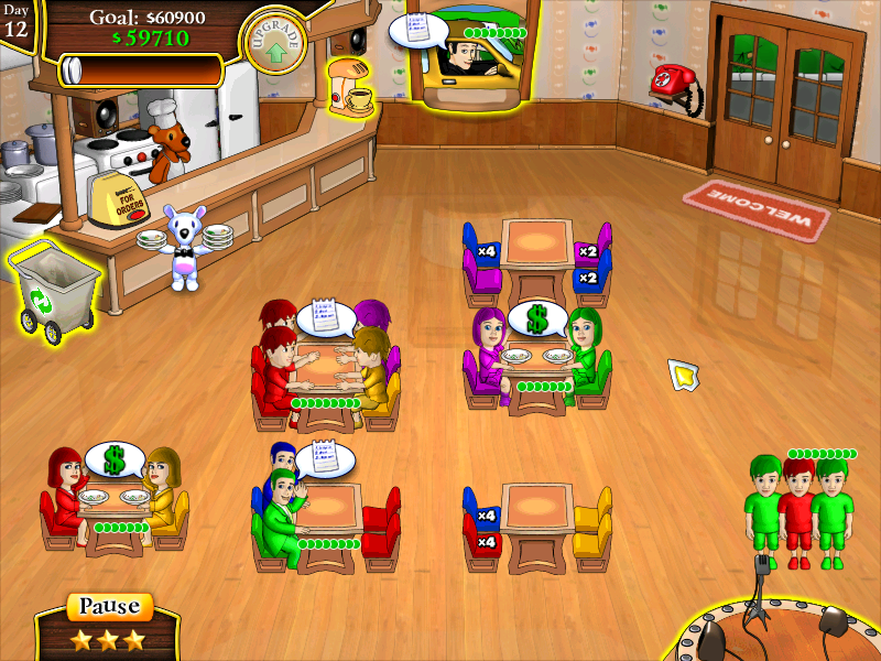 Snowy: Lunch Rush (Windows) screenshot: Get bonus points for sitting a person in the same color seat. The multiplier shown in each seat will increase up to x4 as you put the right person in the right seat.