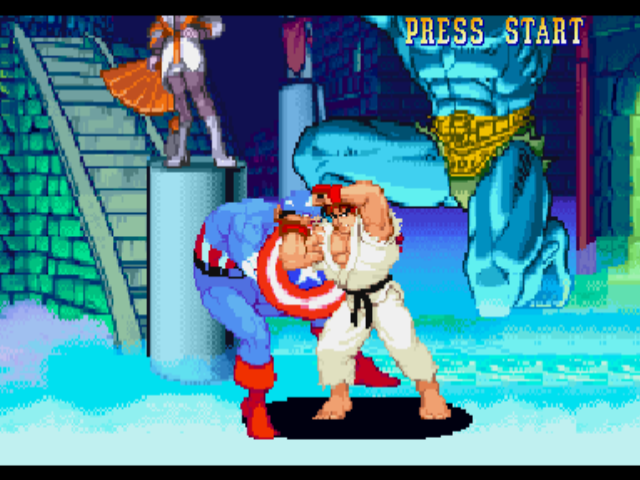 Marvel vs. Capcom: Clash of Super Heroes (PlayStation) screenshot: Ryu strikes back Captain America using one of his grabbing attacks successfully.