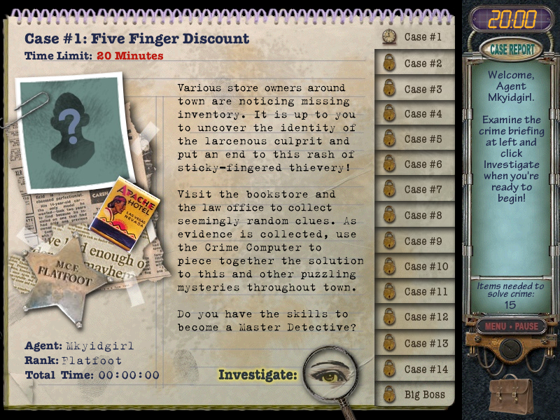 Mystery Case Files: Huntsville (Windows) screenshot: Case Brief