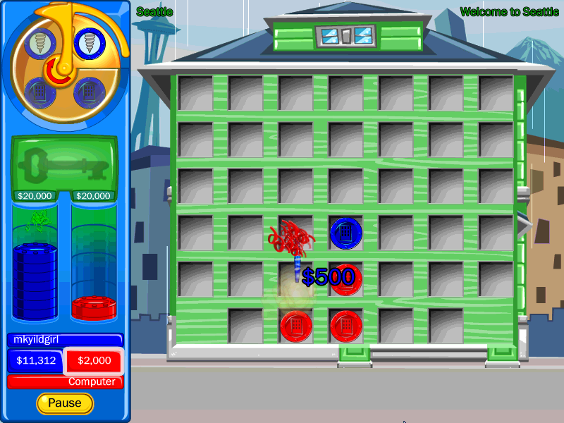 Connect Four Cities (Windows) screenshot: There are many different checkers that have special functions. The drill, for example, will drill through the checker below it!