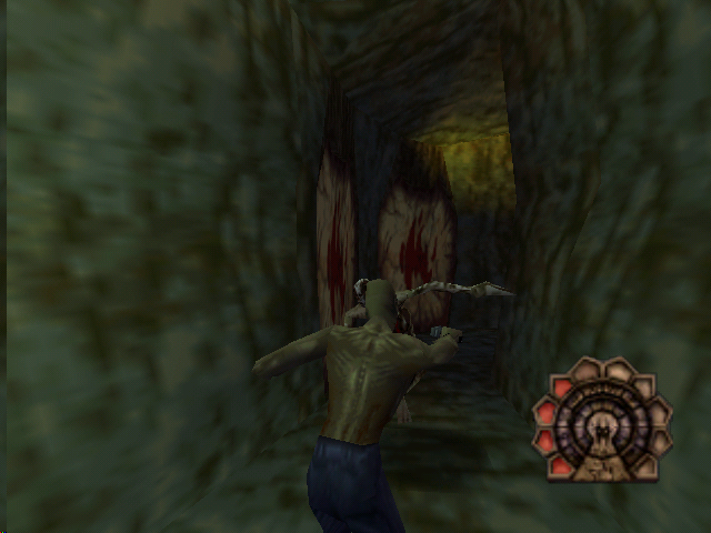 Shadow Man (Nintendo 64) screenshot: Shadow Man is ambushed in a hall by a slashing zombie. You can burn through those walls once you get the right weapon.