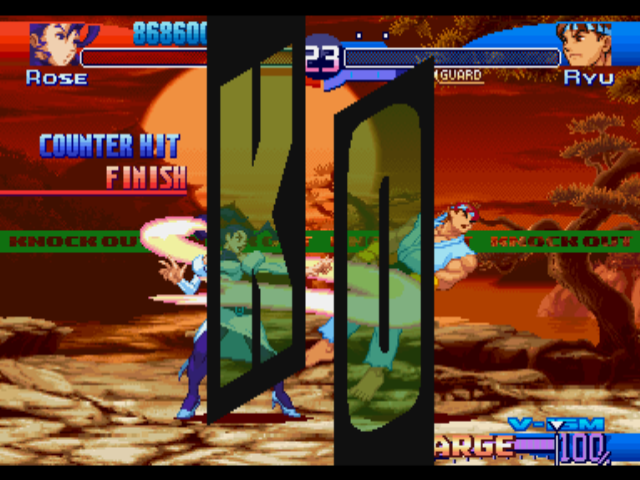 Street Fighter Alpha 3 (PlayStation) screenshot: With her energy bar almost empty, Rose tries to win Ryu executing a High Punch... And she gets!