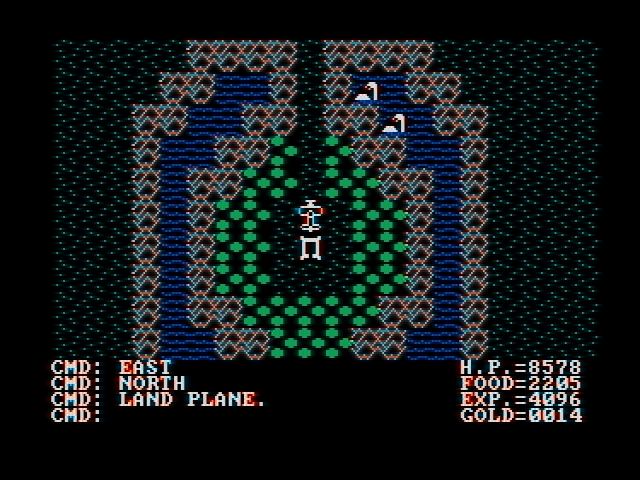 Ultima II: The Revenge of the Enchantress... (DOS) screenshot: Flying a bi-plane over Castle Shadow Guard (CGA with composite monitor)