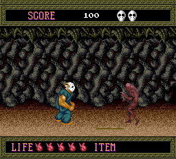 Splatterhouse (TurboGrafx-16) screenshot: Stage 1; the hero is eyeing that stick on the ground