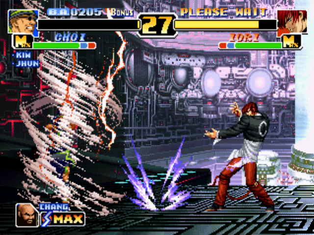 The King of Fighters '99: Millennium Battle (PlayStation) screenshot: Now, Iori's Yami Barai is about to be annulled by Choi's DM Shin! Chouzetsu Tatsumaki Shinkuu Zan...