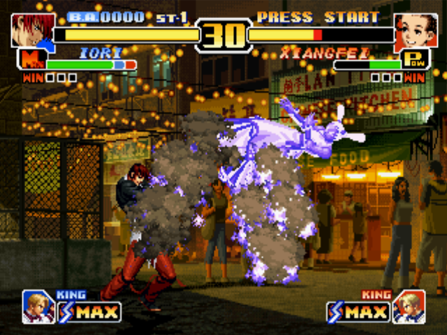 The King of Fighters '99: Millennium Battle (PlayStation) screenshot: After some hits of Iori's DM Kin 1211 Shiki: Ya Otome, Xiangfei finally burns into his flames...