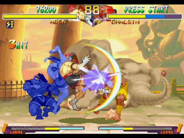 Street Fighter Collection (PlayStation) screenshot: Adon notices Dhalsim's open guard and unleashes the strength of his Jaguar Revolver Super Combo!