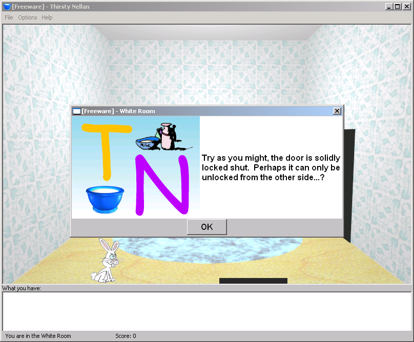 Thirsty Nellan (Windows) screenshot: An obstacle's error message; note the illustration of the milk and dish above the "N", which have been scanned from the game's initial 1980 printing in Recreational Computing magazine.