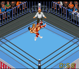 Super Fire Pro Wrestling X Premium (SNES) screenshot: A side drop is a good way to work the backside of someone