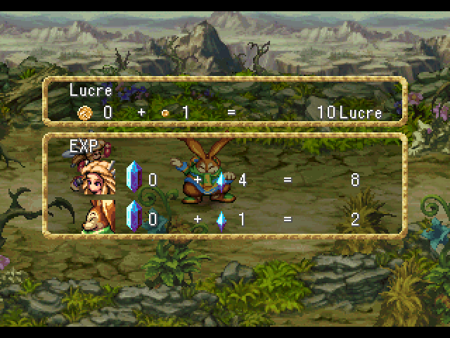 Legend of Mana (PlayStation) screenshot: After each battle, you will be given a breakdown of how much lucre and experience you and your companion earned.