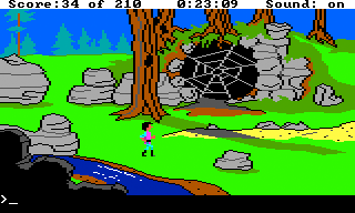 King's Quest III: To Heir is Human (TRS-80 CoCo) screenshot: Giant spider web; does that mean a giant spider is nearby?