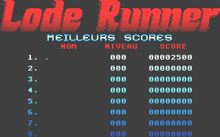 Lode Runner (Atari ST) screenshot: High scores, en Francais