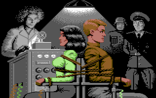 Rocket Ranger (Commodore 64) screenshot: You have been caught and are tied up to electric chairs along with Jane. Now can you talk your way out of this?