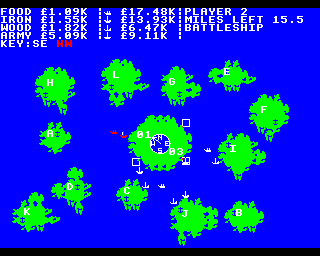 Islandia (BBC Micro) screenshot: Player 2 starts sending out his ships