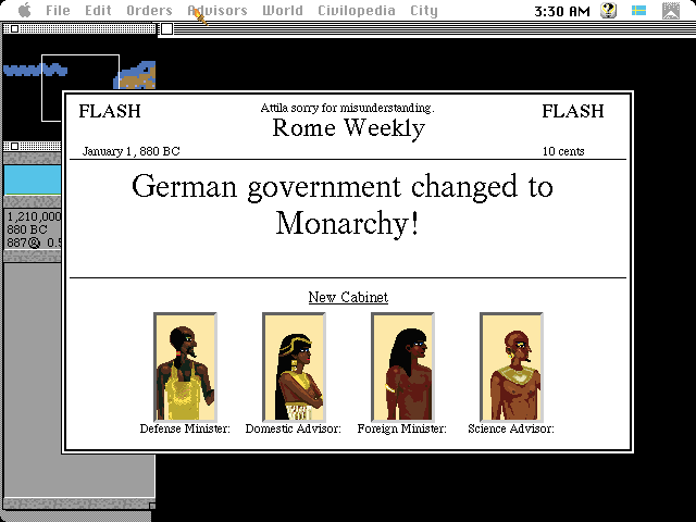 Sid Meier's Civilization (Macintosh) screenshot: Monarchy is better for the growth
