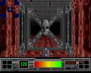 Testament (Amiga) screenshot: The door to the second level, with a decorative skull