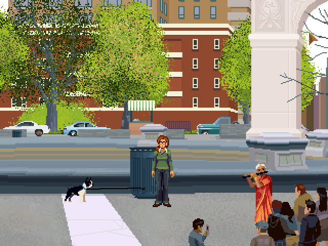 The Blackwell Legacy (Windows) screenshot: Your neigbour, Nishanti Sharma, plays music in the park.