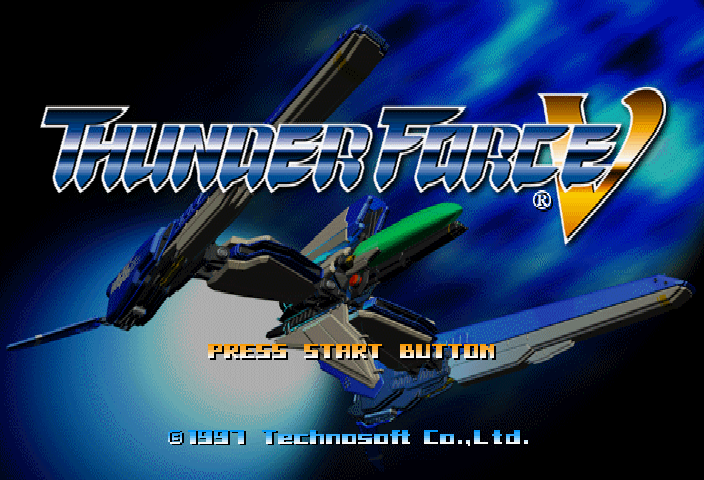 Thunder Force V: Perfect System (SEGA Saturn) screenshot: Right away notice that the game runs in higher resolution than the Playstation version.
