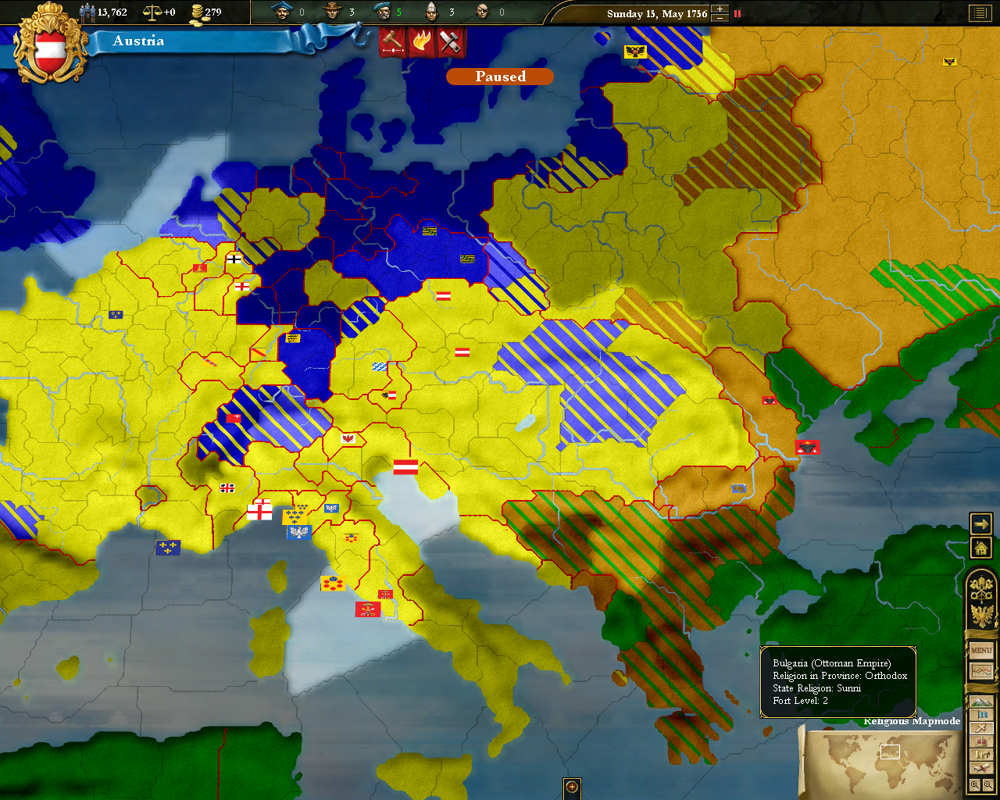 Europa Universalis III (Windows) screenshot: Religion map overlay. The stripes signify the state religion, if the province religion differs.